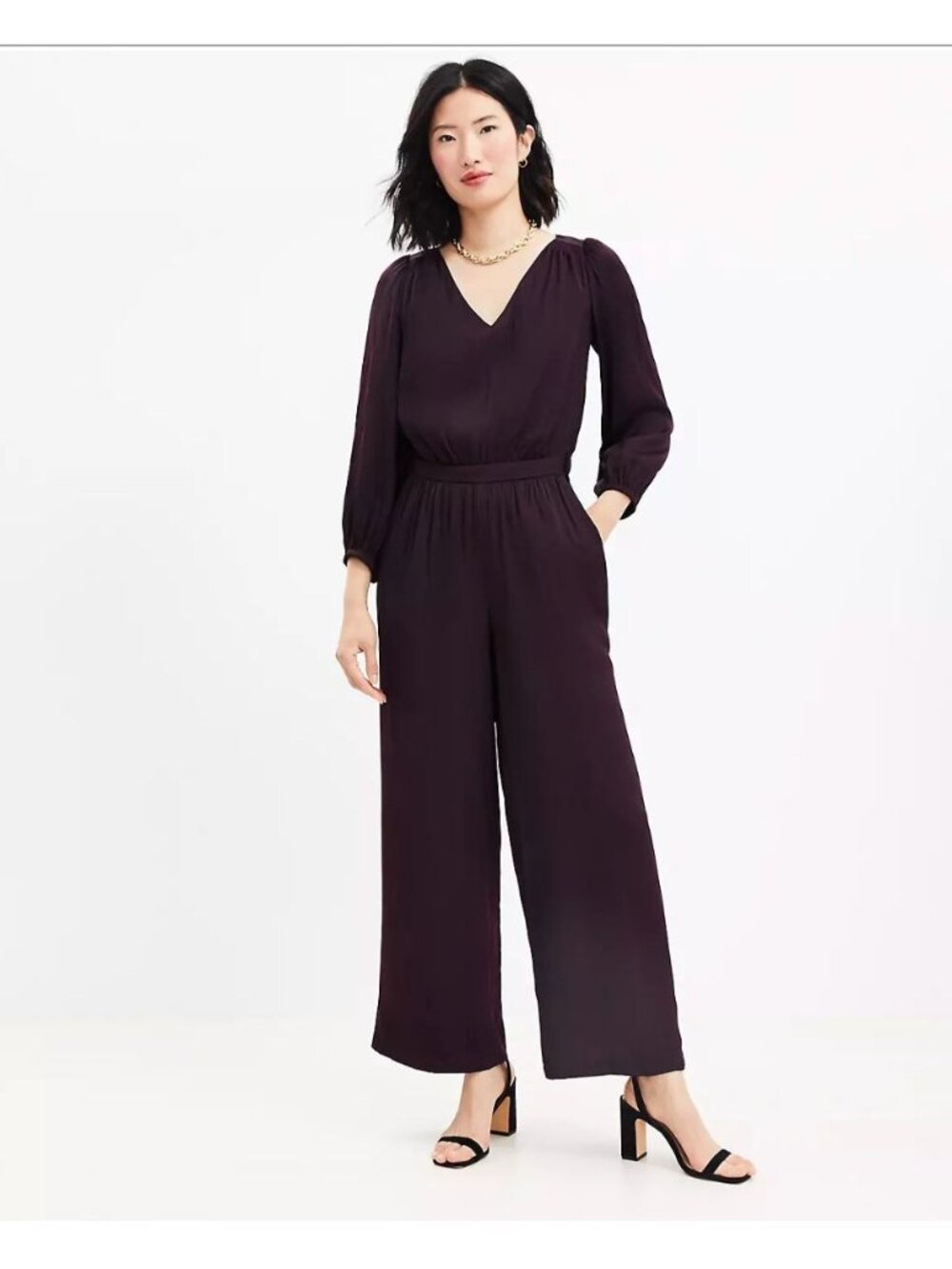 Loft Women's Drapey V-Neck Long Sleeve Jumpsuit Side Zip Purple Size 8 Office